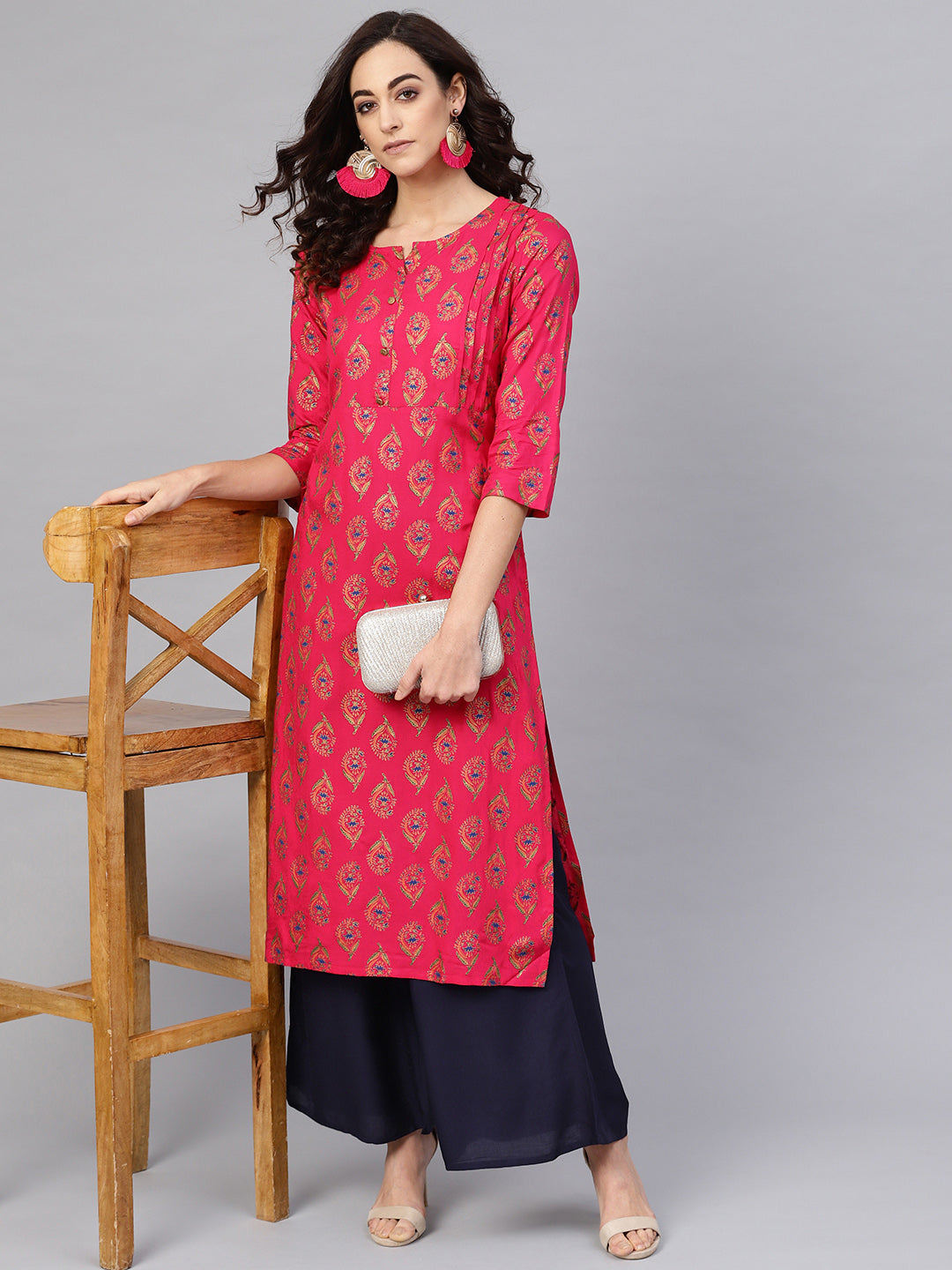 Anubhutee Women Pink  Navy Blue Printed Kurta with Palazzos