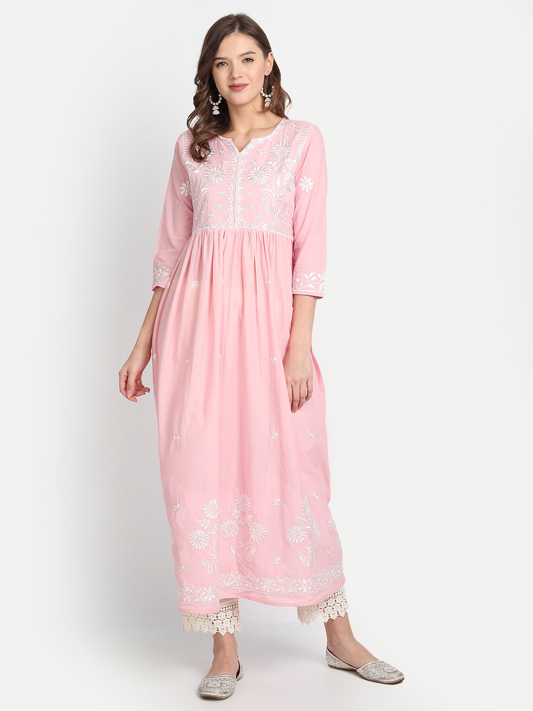 Anubhutee Women Pink Floral Yoke Design Pleated Pure Cotton Kurta with Trousers