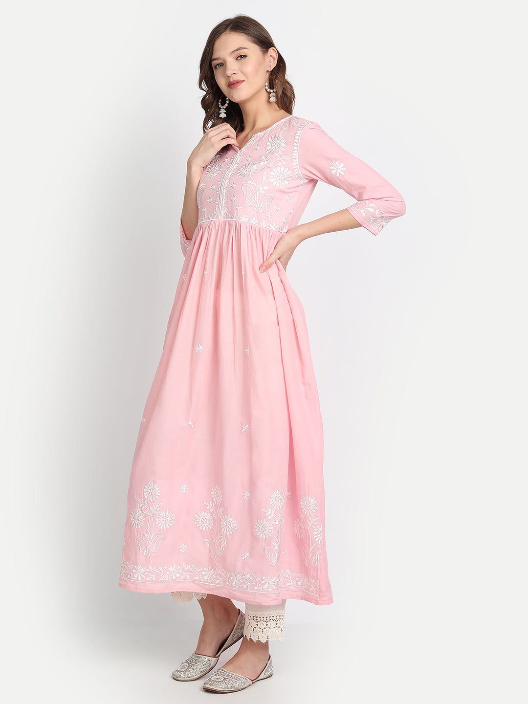 Anubhutee Women Pink Floral Yoke Design Pleated Pure Cotton Kurta with Trousers