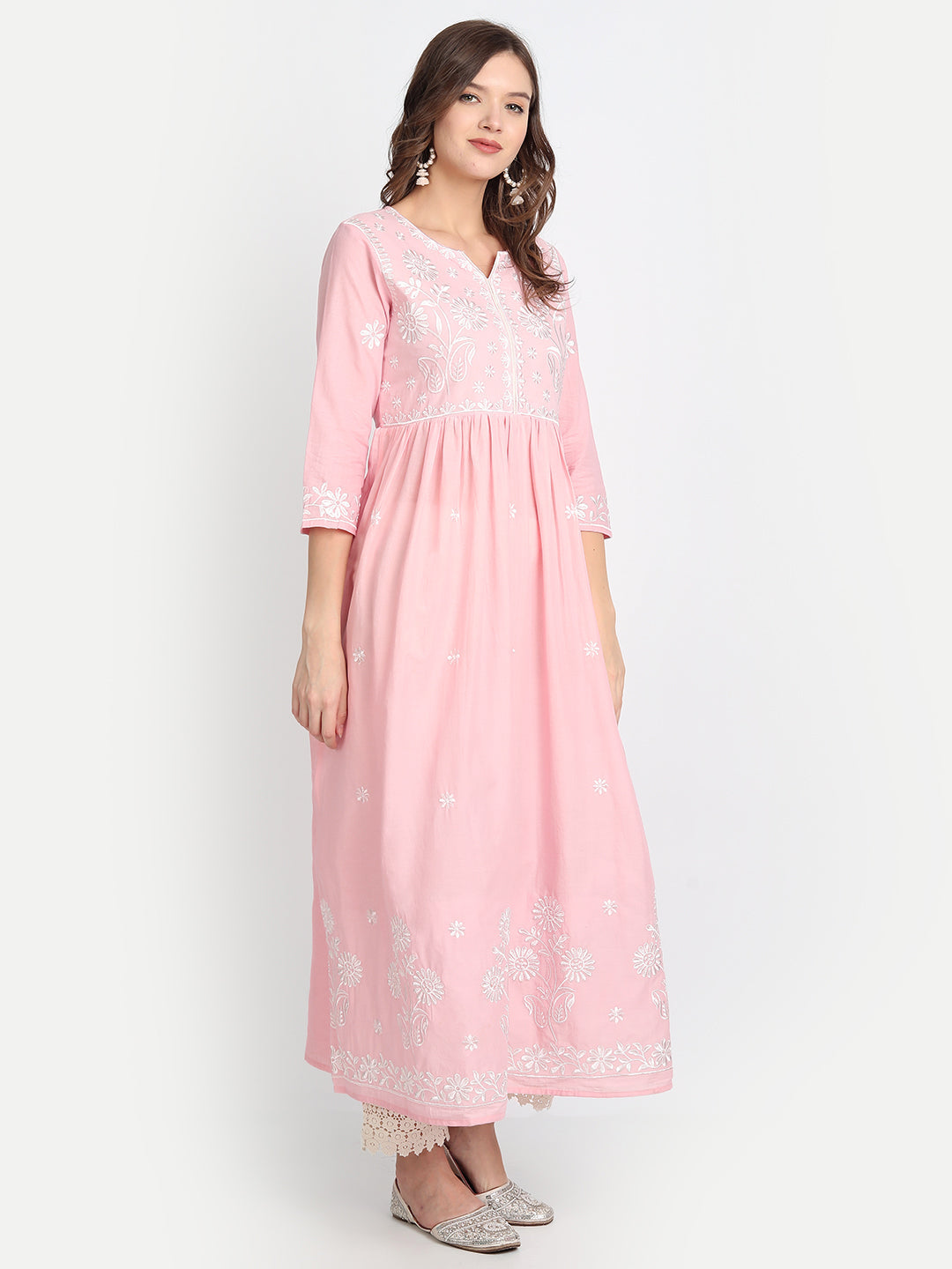 Anubhutee Women Pink Floral Yoke Design Pleated Pure Cotton Kurta with Trousers