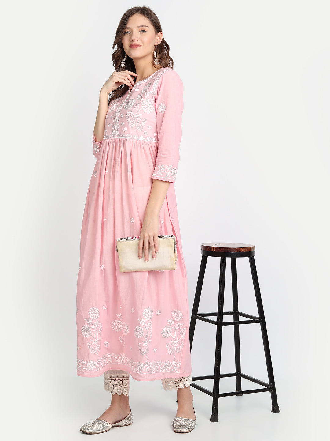 Anubhutee Women Pink Floral Yoke Design Pleated Pure Cotton Kurta with Trousers