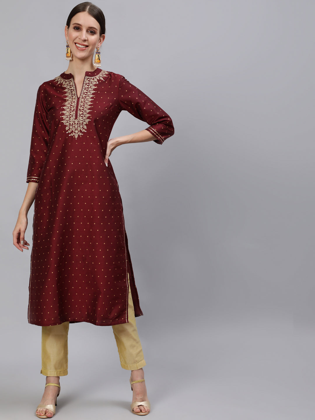 Anubhutee Women Maroon  Gold-Toned Ethnic Motifs Chanderi Silk Kurta