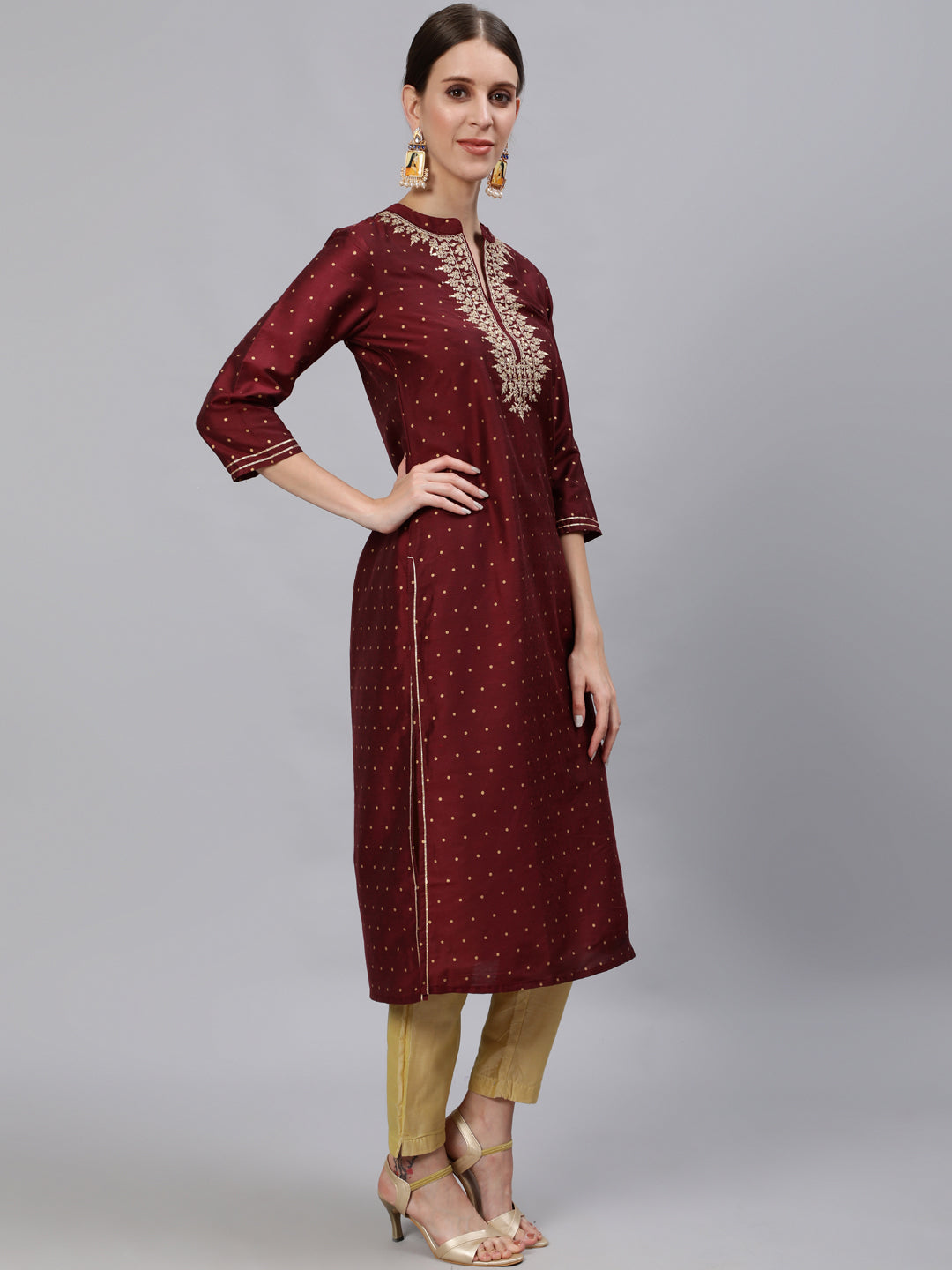 Anubhutee Women Maroon  Gold-Toned Ethnic Motifs Chanderi Silk Kurta