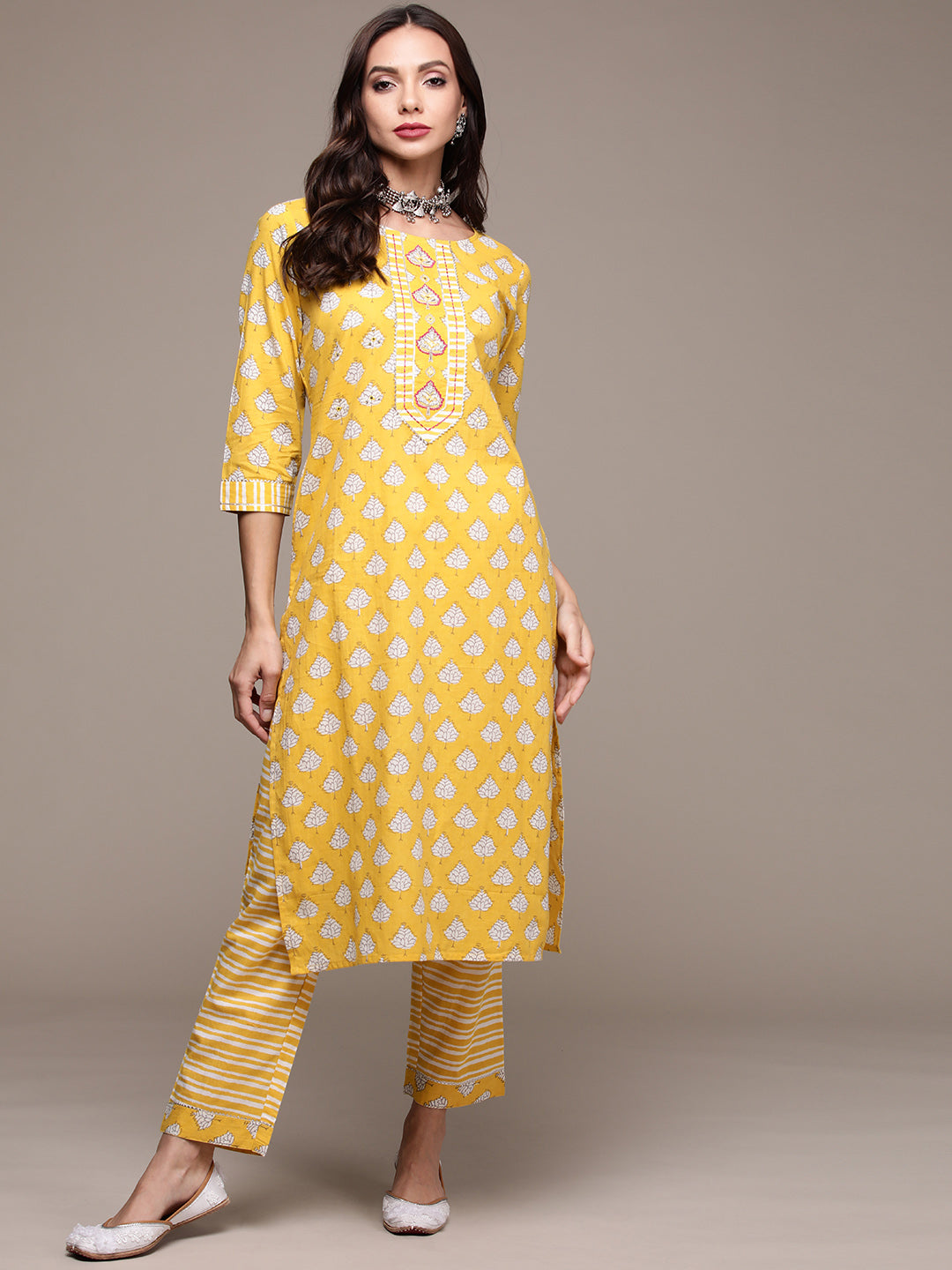 Women's Lime Yellow Embroidered Printed Kurta Set with Trousers