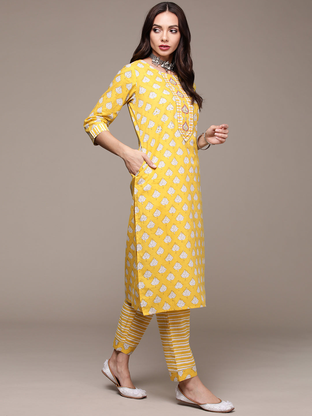 Women's Lime Yellow Embroidered Printed Kurta Set with Trousers