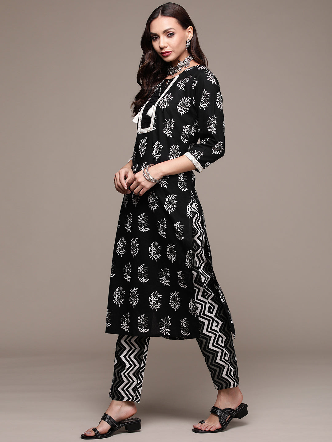 Women's Black Zari Embroidered Printed Kurta Set with Trousers and Dupatta