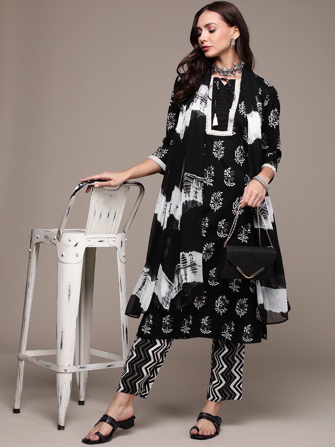 Women's Black Zari Embroidered Printed Kurta Set with Trousers and Dupatta
