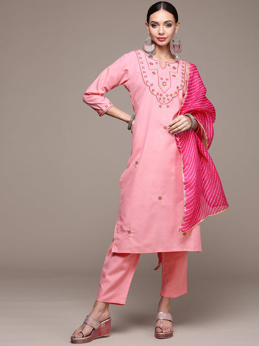 Women's Pink Yoke Floral Embroidered Kurta set with Trousers and Dupatta 