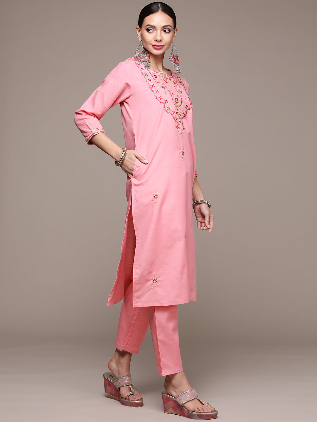 Women's Pink Yoke Floral Embroidered Kurta set with Trousers and Dupatta 