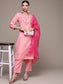 Women's Pink Yoke Floral Embroidered Kurta set with Trousers and Dupatta