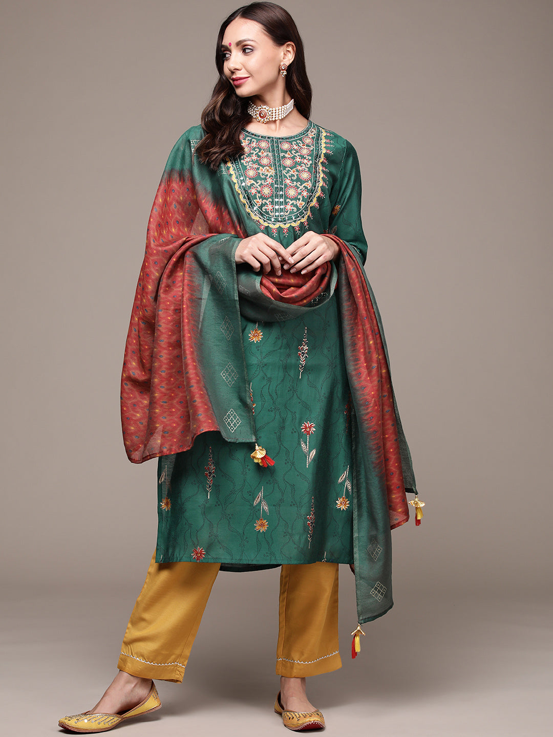 Women's Bottle Green Embroidered Kurta Set with Trousers and Dupatta