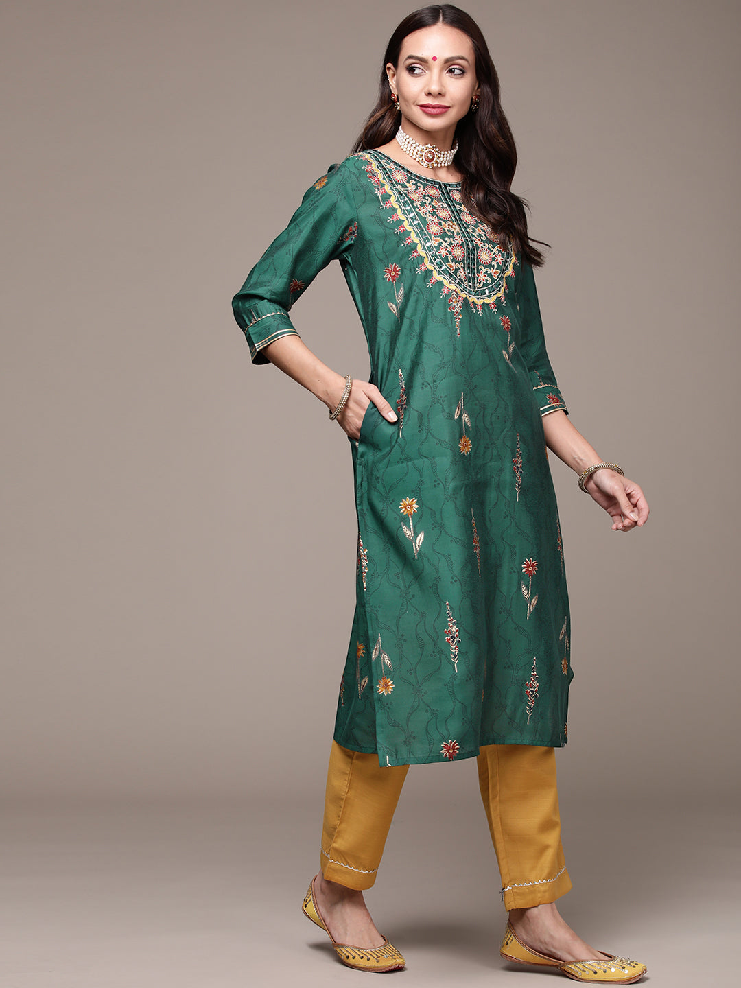 Women's Bottle Green Embroidered Kurta Set with Trousers and Dupatta