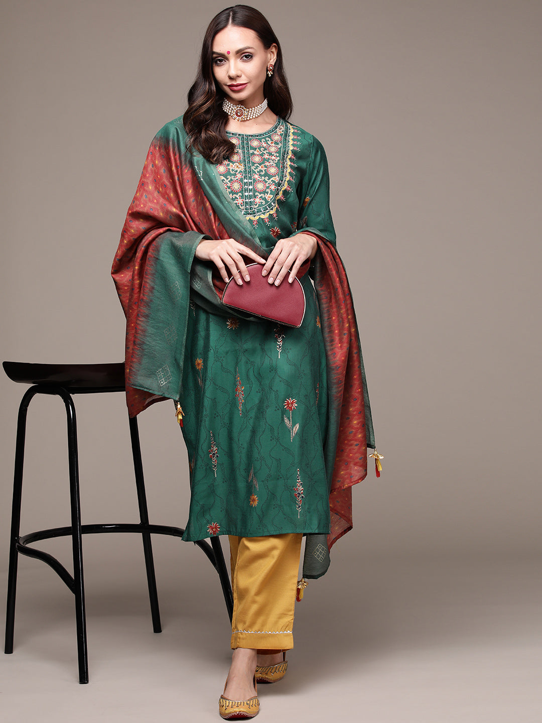 Women's Bottle Green Embroidered Kurta Set with Trousers and Dupatta