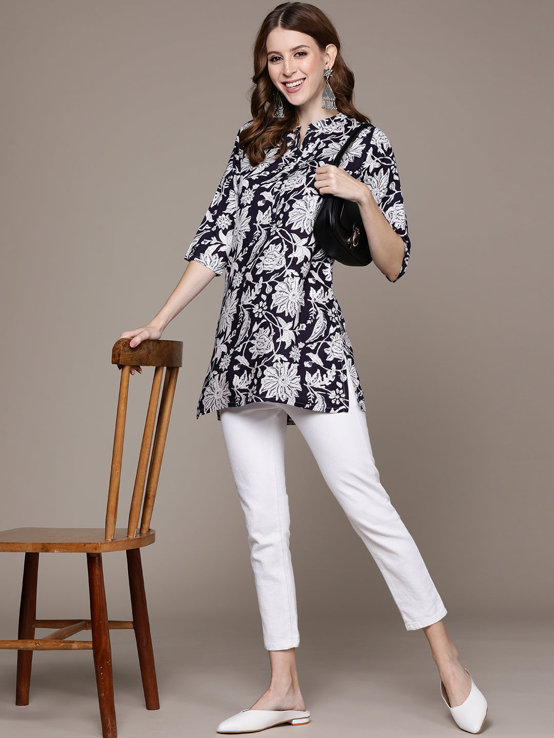 Women's Black Floral Printed Tunic