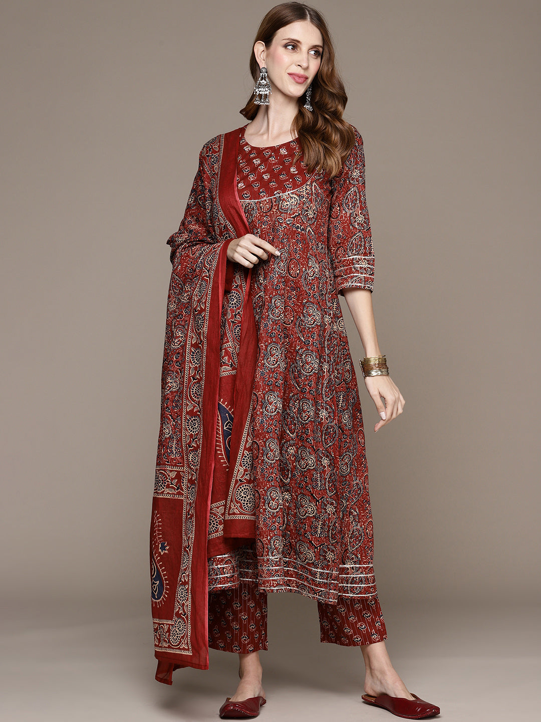 Women's Rust Sequinned Kurta Set with Trousers and Dupatta