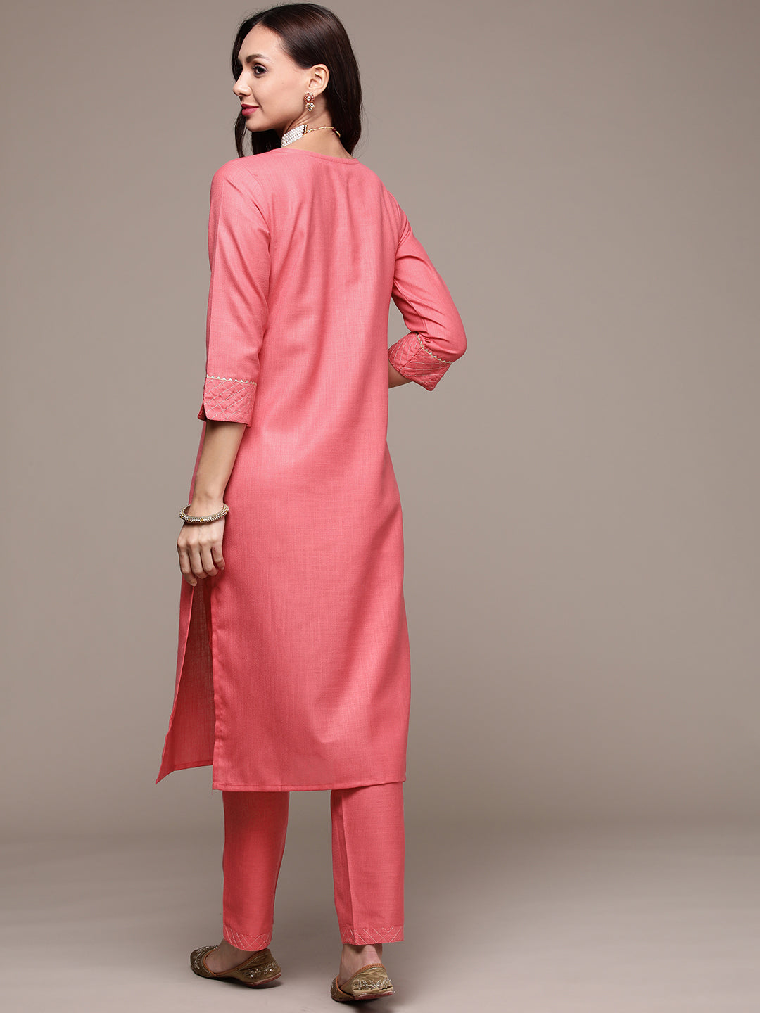 Women's Pink Beaded Kurta Set with Trousers