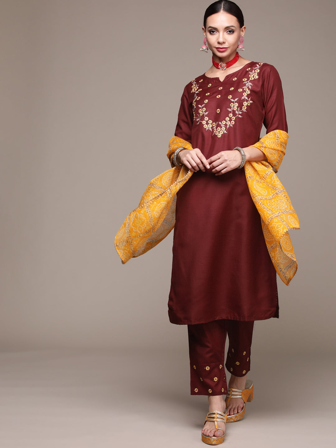 Women's Maroon Floral Embroidered Kurta Set with Trousers and Dupatta