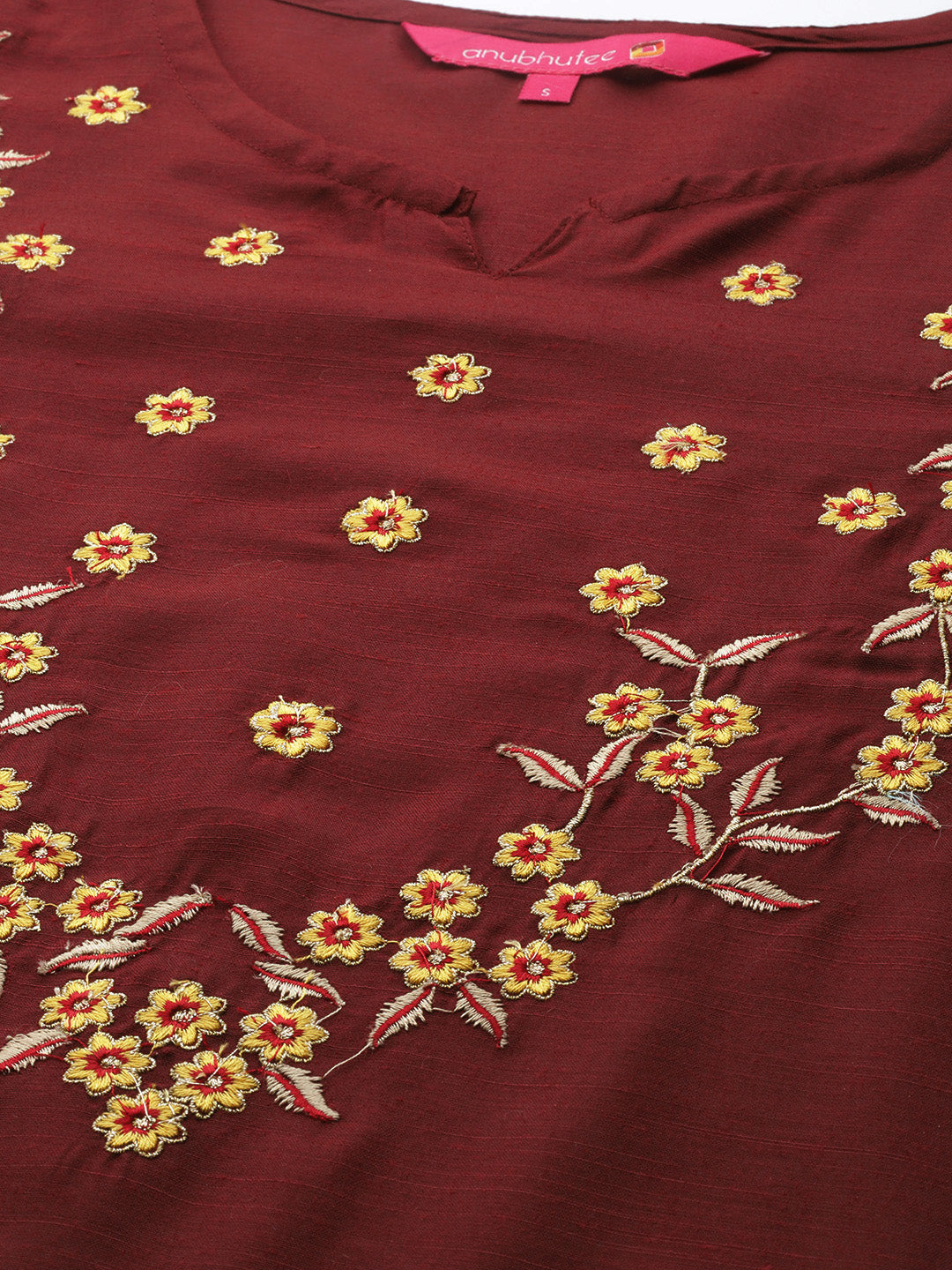 Women's Maroon Floral Embroidered Kurta Set with Trousers and Dupatta