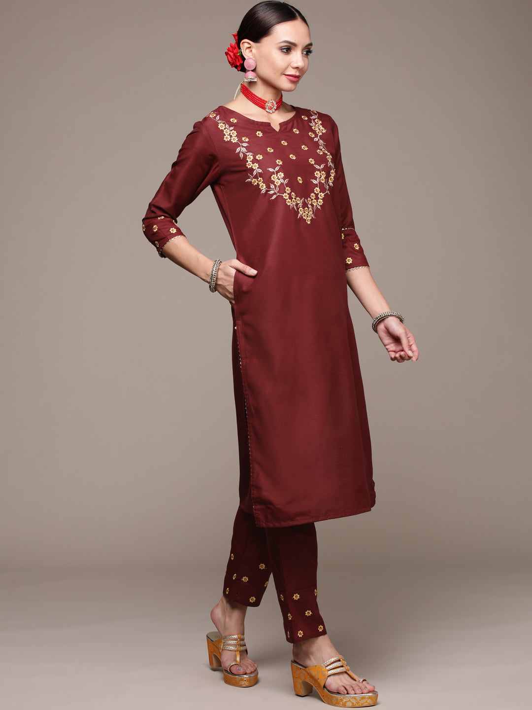 Women's Maroon Floral Embroidered Kurta Set with Trousers and Dupatta