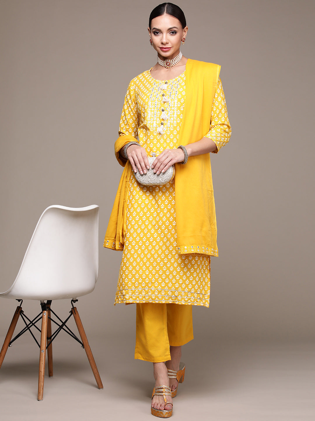 Women's Yellow Mirrorwork Printed Kurta set with Trousers and Dupatta