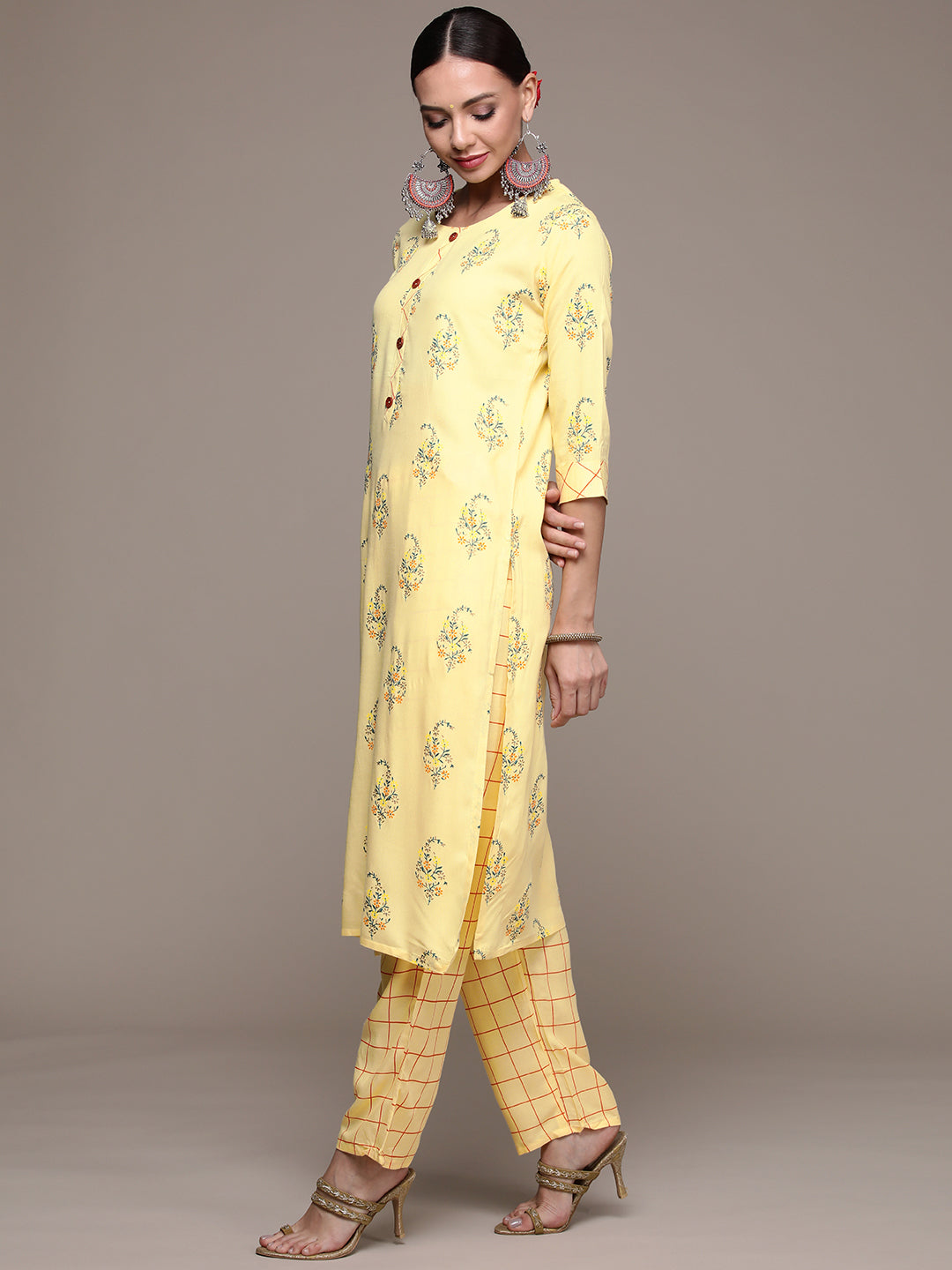 Women's Yellow Printed Kurta Set with Trousers