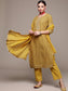 Women's Mustard Zari Embroidered Printed Kurta set with Trousers and Dupatta