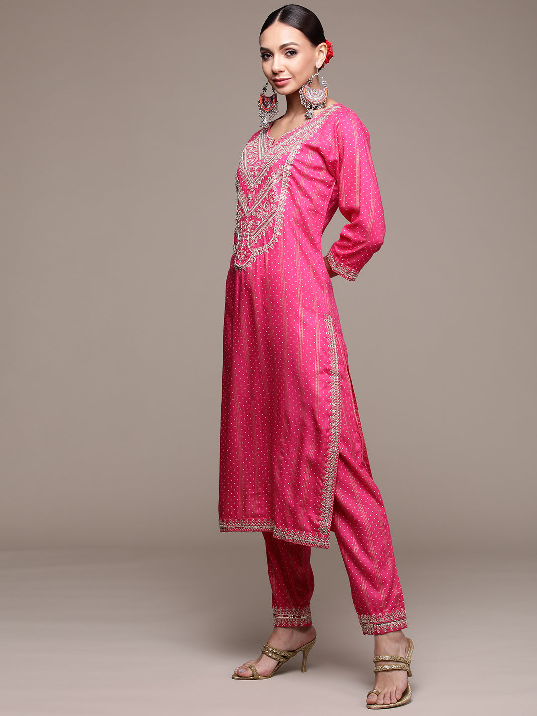 Women's Pink Zari Embroidered Kurta Set with Trousers and Dupatta