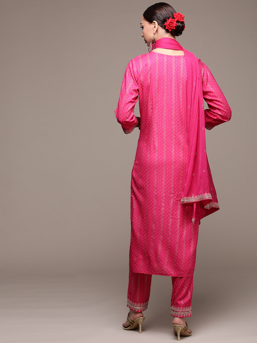 Women's Pink Zari Embroidered Kurta Set with Trousers and Dupatta