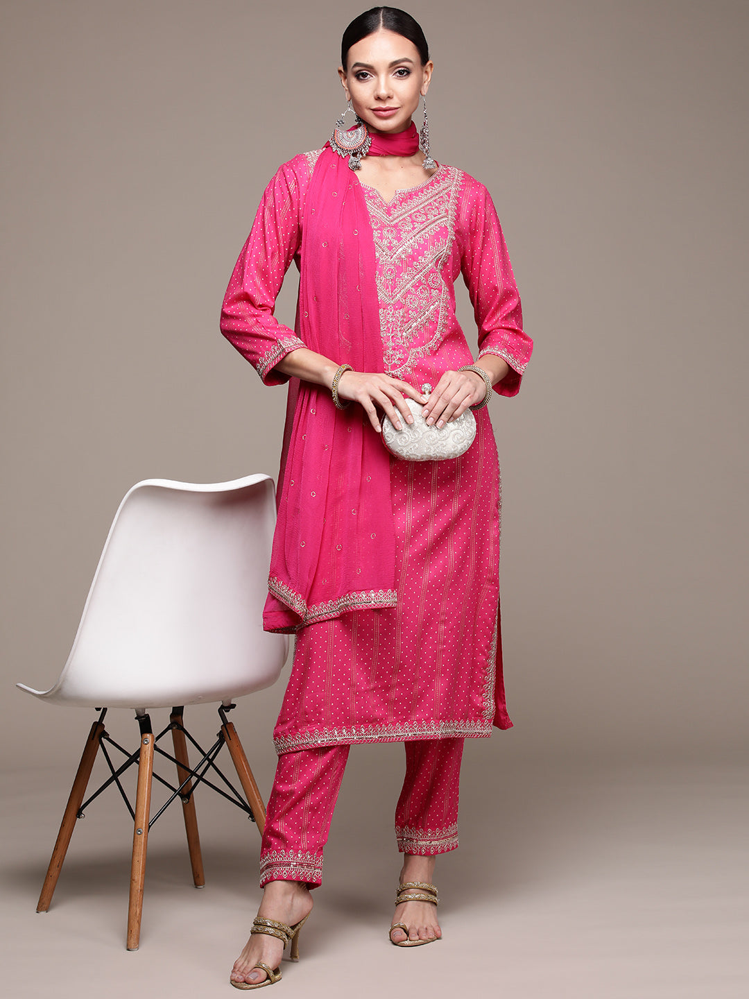 Women's Pink Zari Embroidered Kurta Set with Trousers and Dupatta