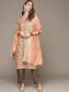 Women's Peach Embroidered Printed Kurta Set with Trousers and Dupatta