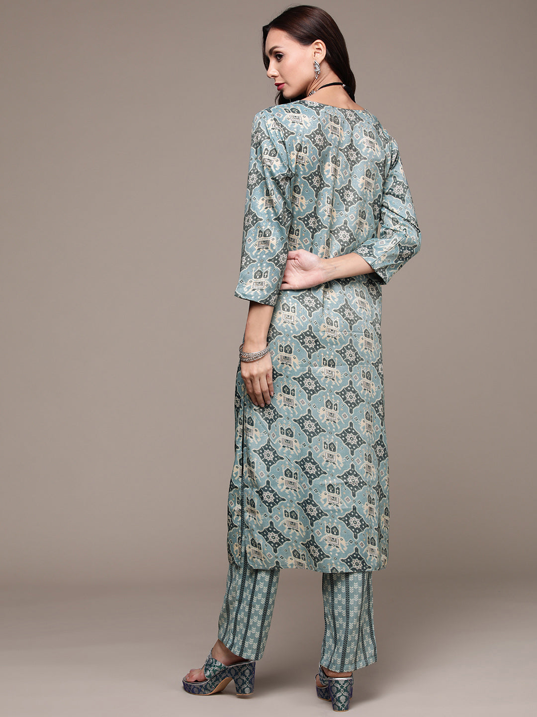 Women's Blue Abstract Printed Embroidered Kurta with Trousers