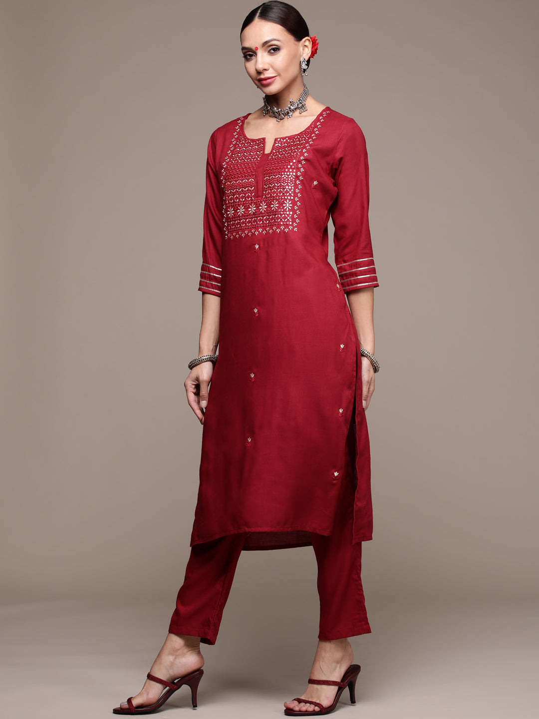 Women's Maroon Mirrorwork Embroidered Kurta Set with Trousers and Dupatta