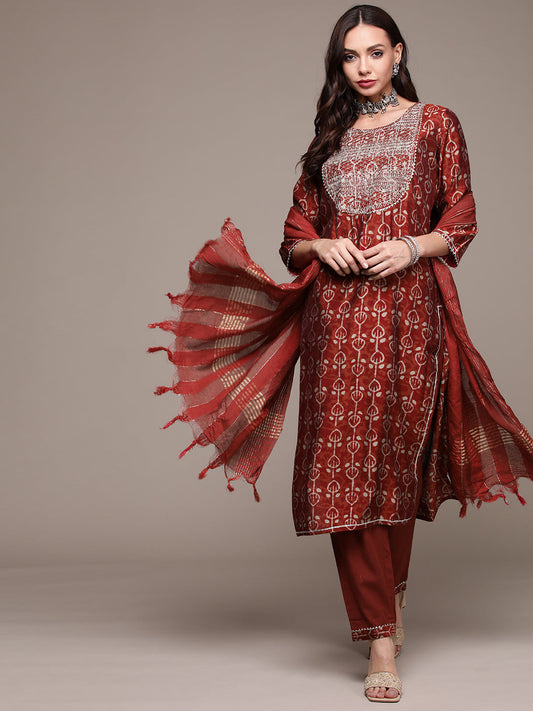 Women's Rust Printed Zari Embroidered Kurta Set with Trousers and Dupatta