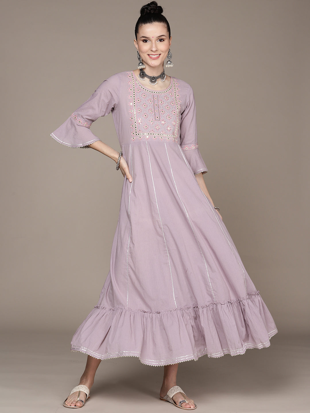Women's Lilac Cotton Embroidered A-Line Dress