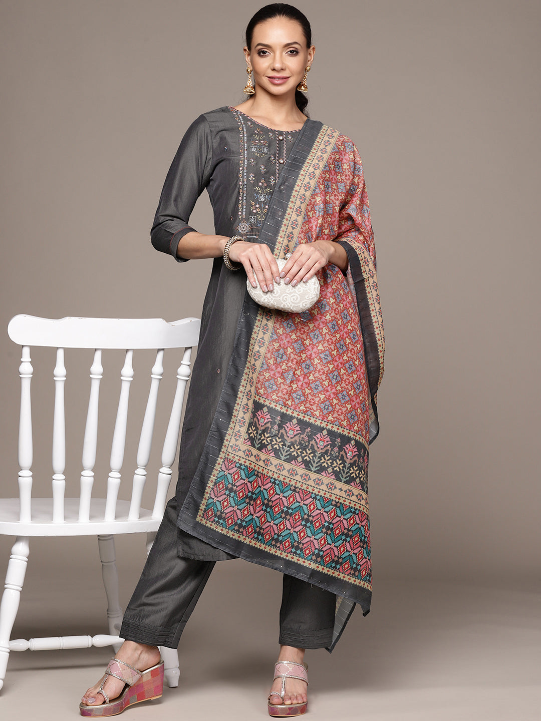 Women's Grey Embroidered Kurta set with Trousers and Dupatta