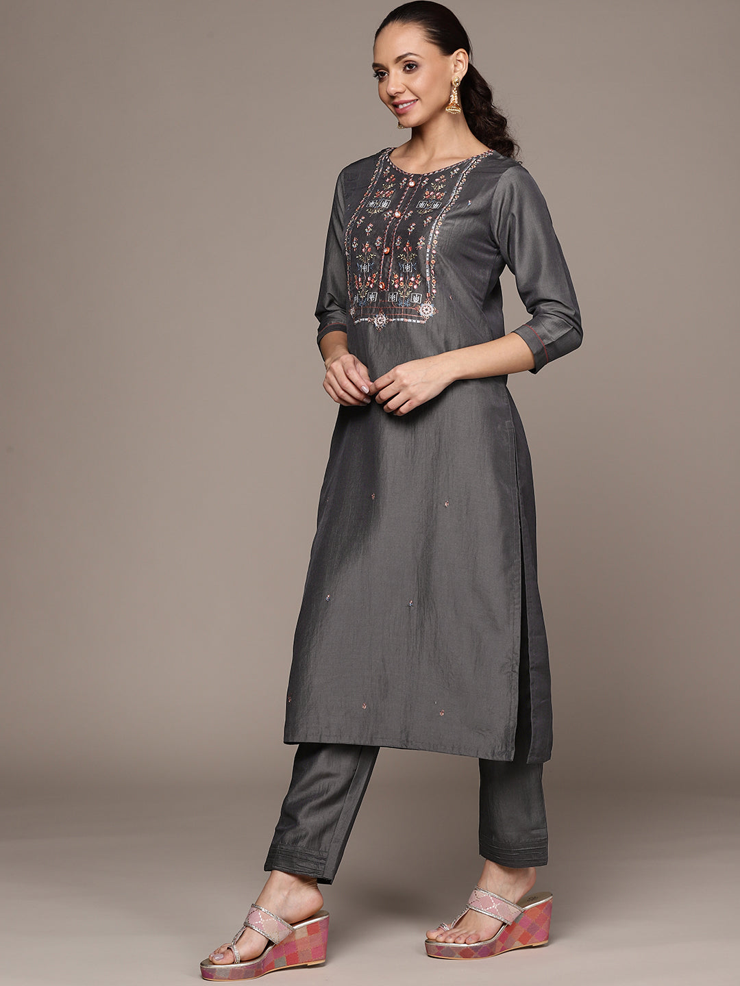 Women's Grey Embroidered Kurta set with Trousers and Dupatta