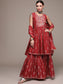 Women's Rust Sequinned Embroidered Printed Kurta Set with Sharara and Dupatta