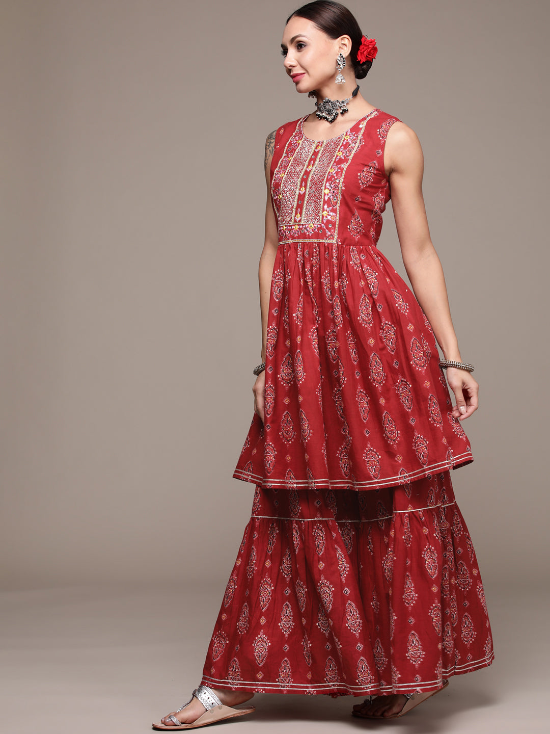 Women's Rust Sequinned Embroidered Printed Kurta Set with Sharara and Dupatta