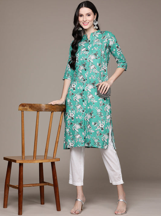 Women's Sea Green Floral Printed Kurta