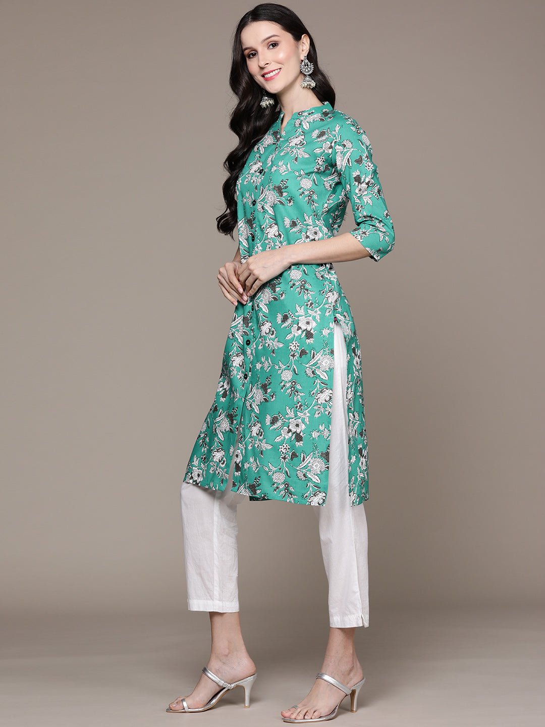 Women's Sea Green Floral Printed Kurta