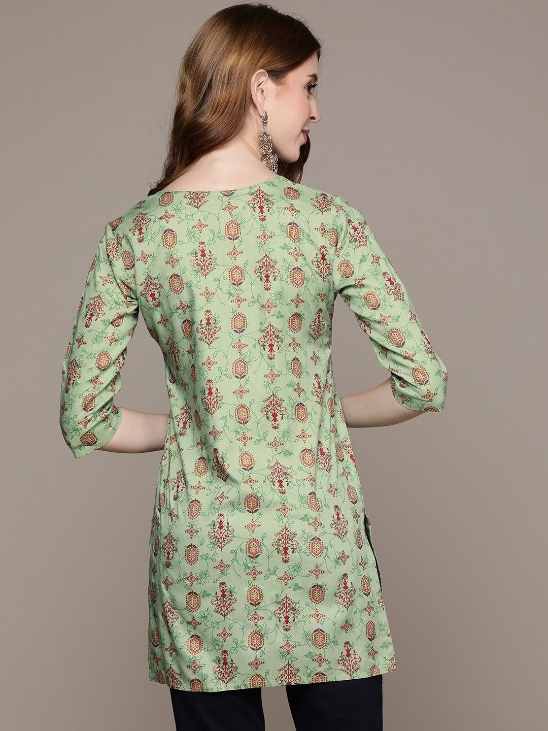 Women's Green Ethnic Motifs Printed Hand work Tunic