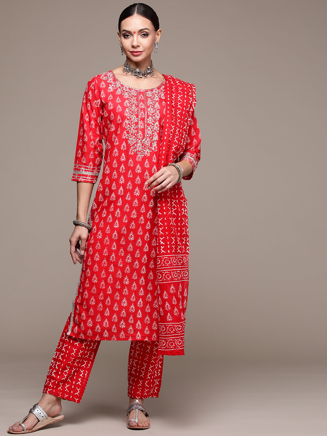 Women's Red Lace Sequinned Printed Kurta Set with Trousers and Dupatta