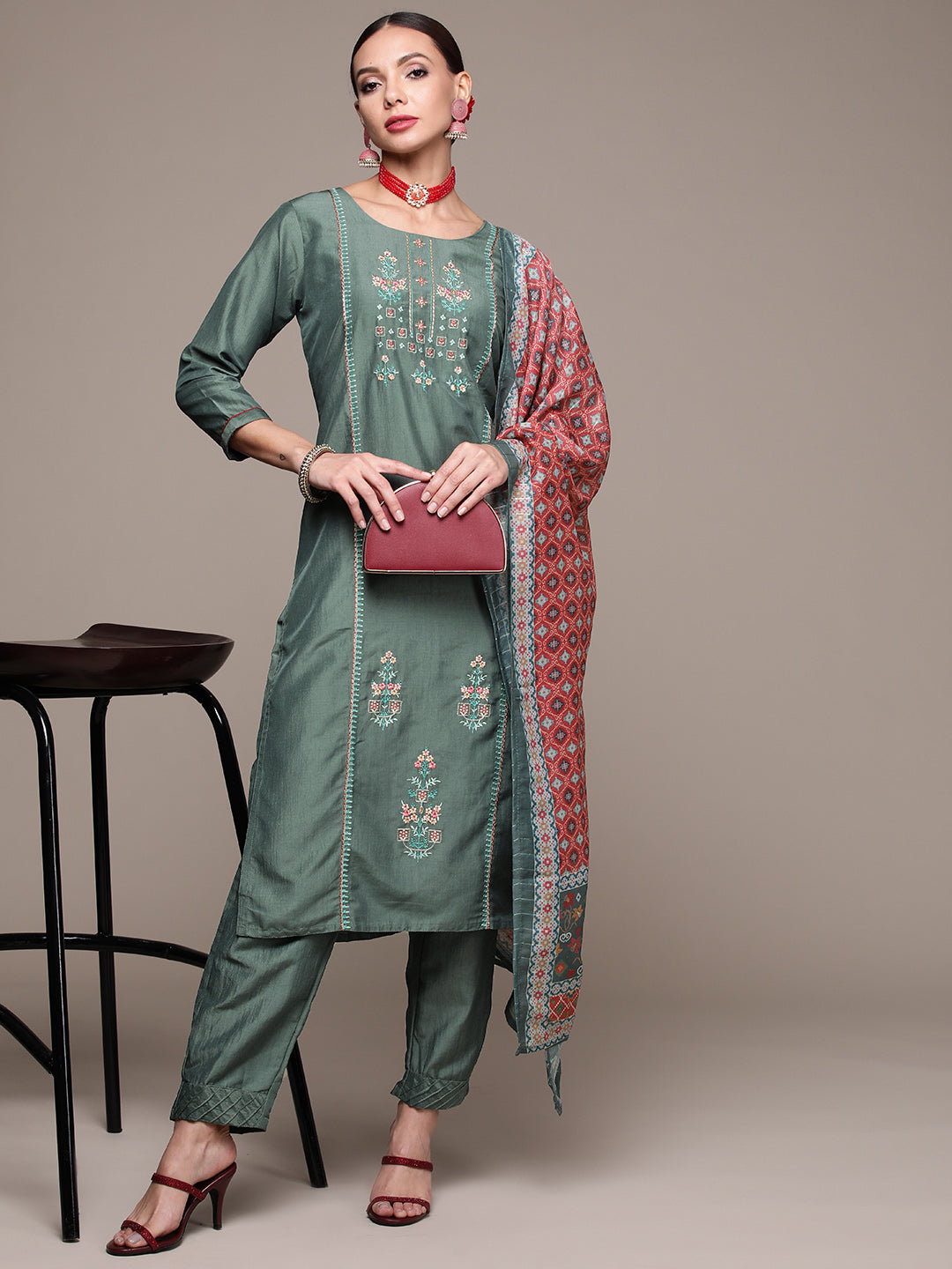 Women's Charcoal Embroidered Kurta set with Trousers and Dupatta