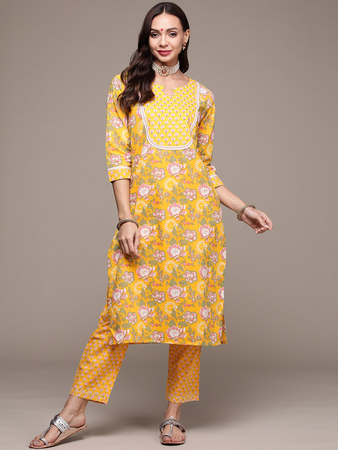 Women's Yellow Beadwork Floral Printed Kurta Set with Trousers