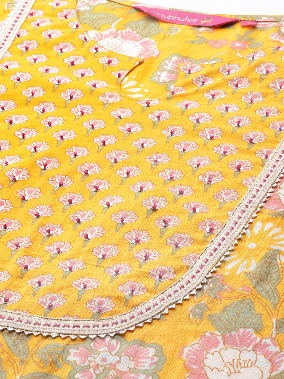 Women's Yellow Beadwork Floral Printed Kurta Set with Trousers