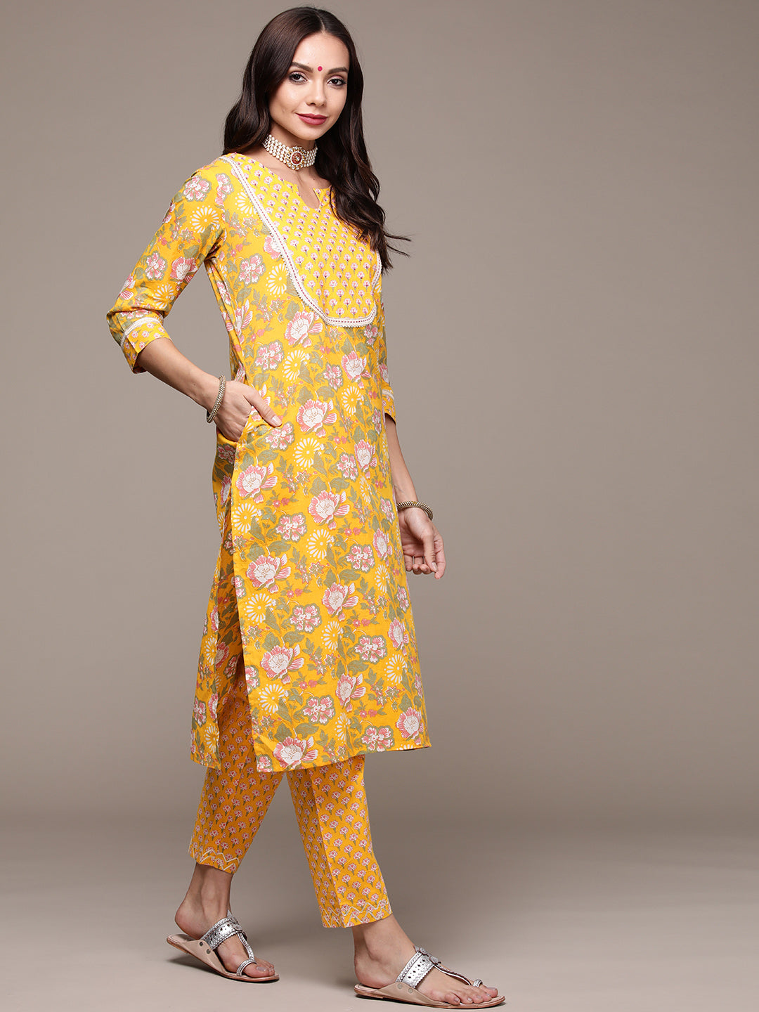 Women's Yellow Beadwork Floral Printed Kurta Set with Trousers