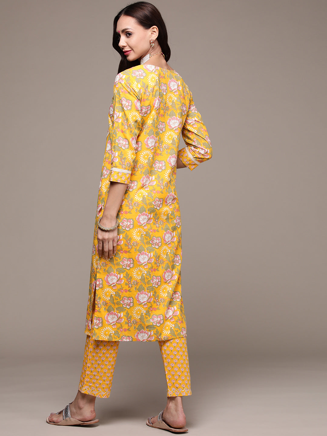 Women's Yellow Beadwork Floral Printed Kurta Set with Trousers