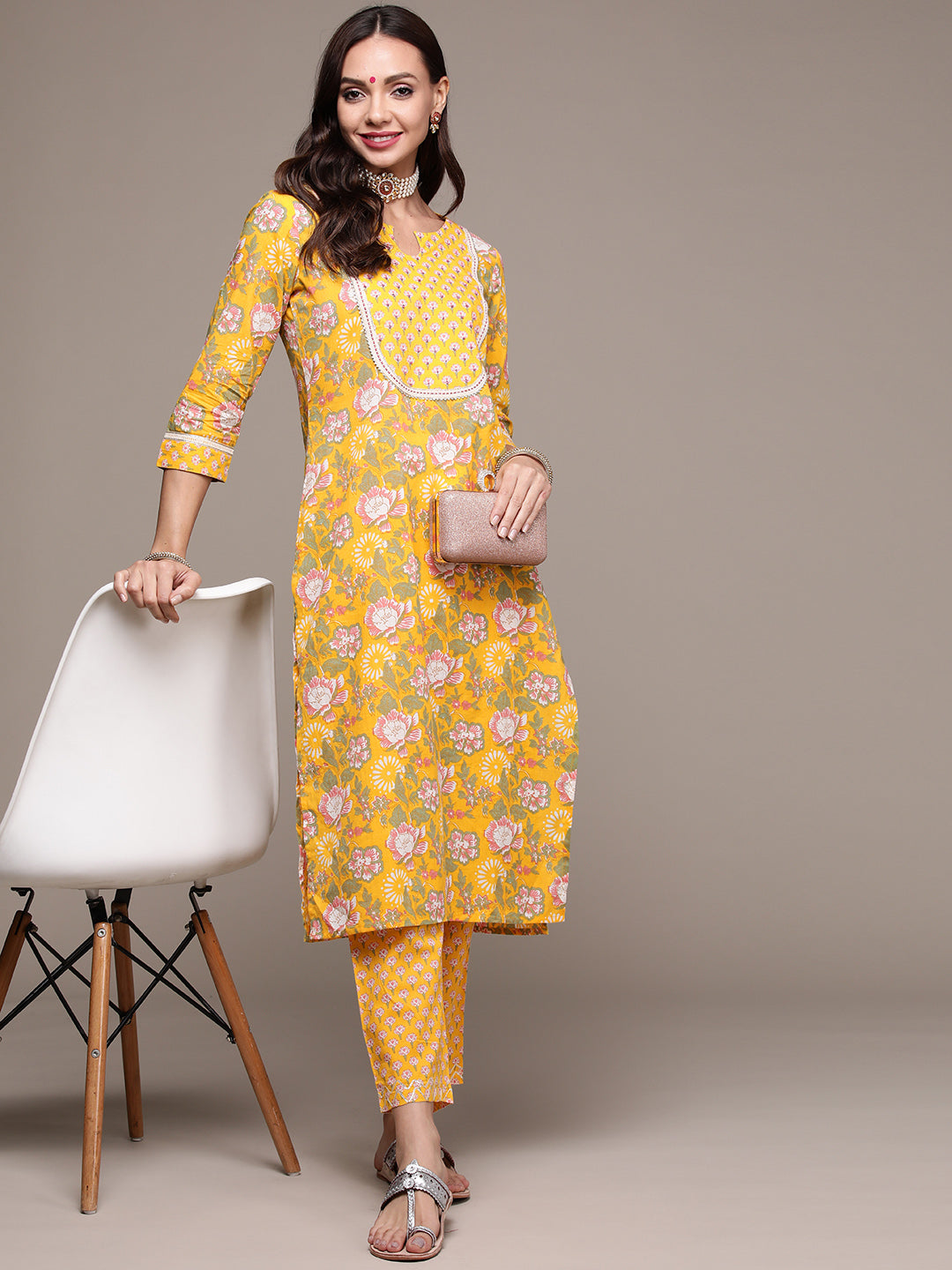 Women's Yellow Beadwork Floral Printed Kurta Set with Trousers