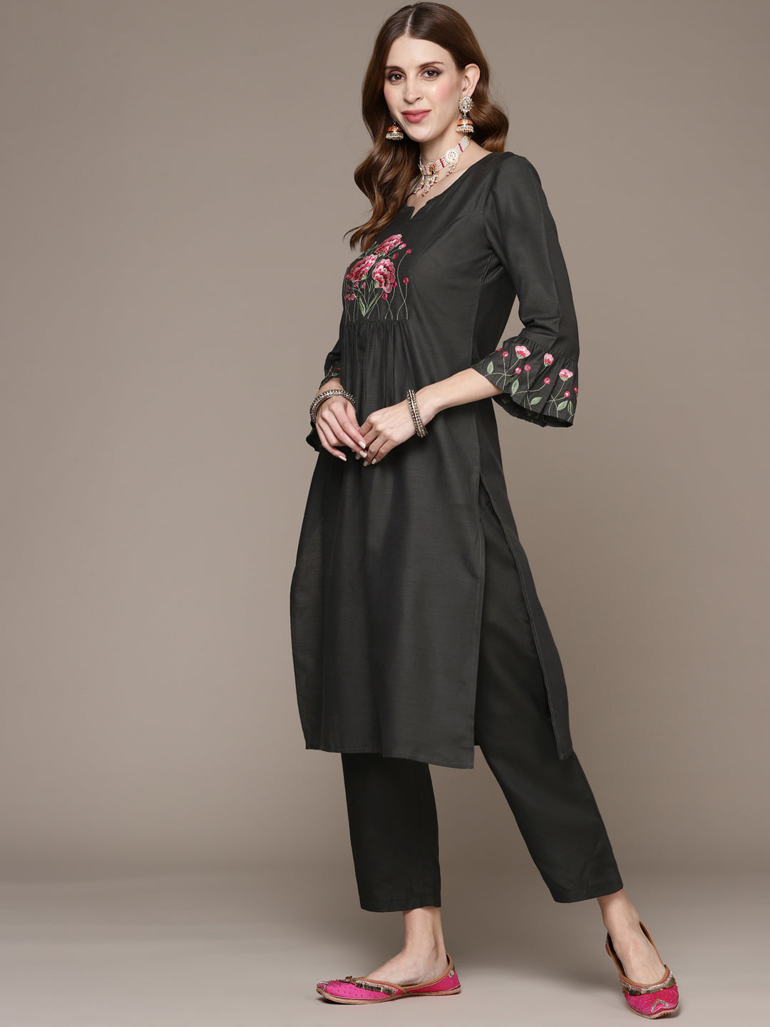 Women's Dark Grey Embroidered Kurta Set with Trousers and Dupatta