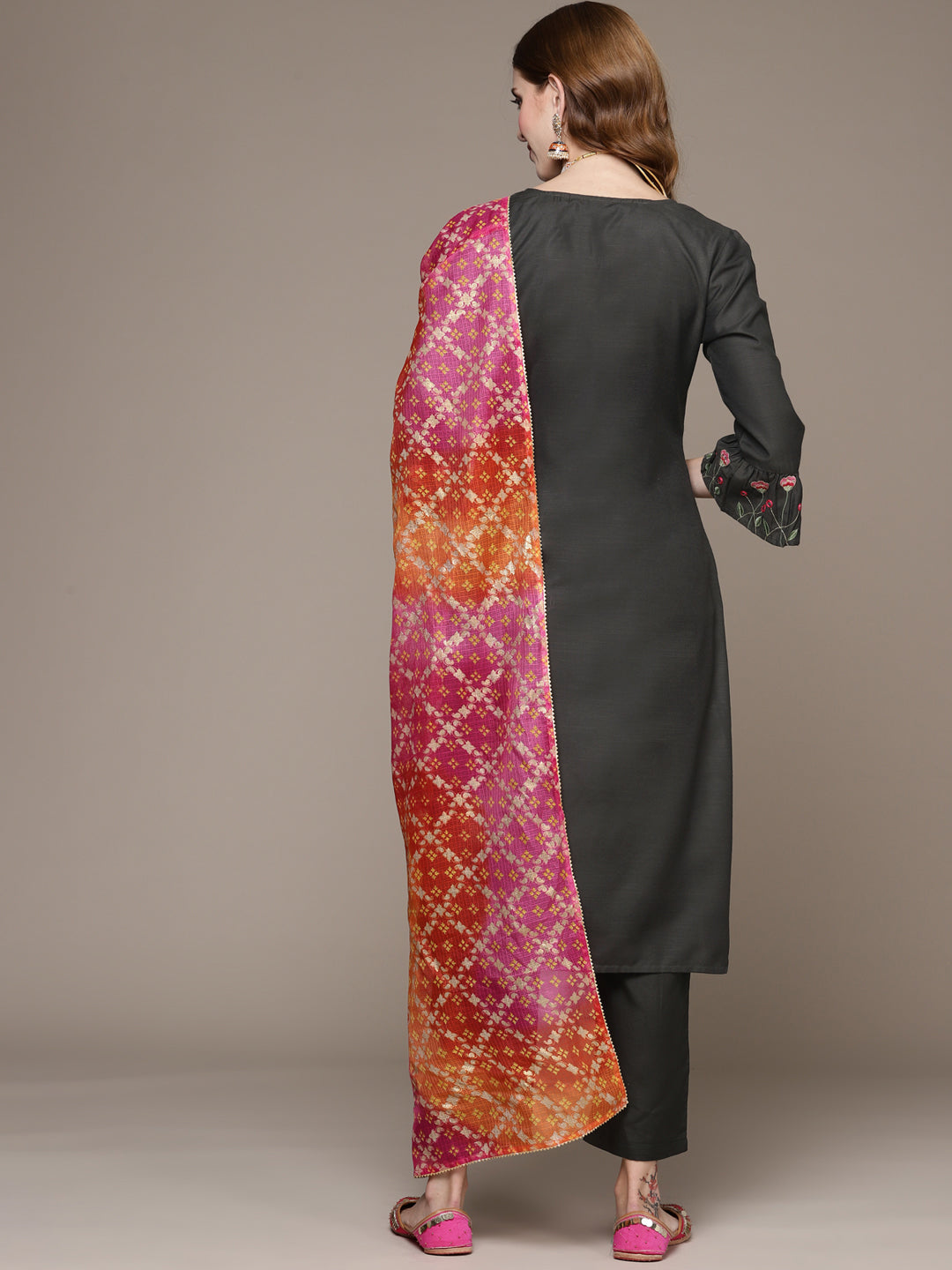 Women's Dark Grey Embroidered Kurta Set with Trousers and Dupatta